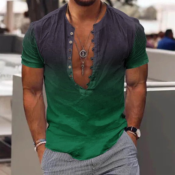 S-5XL Plus Size Shirts for Men Big & Tall Short Sleeve Tshirts Button Deep V Neck Pullover Gradient Printed Breathable Casual Going Out Tops