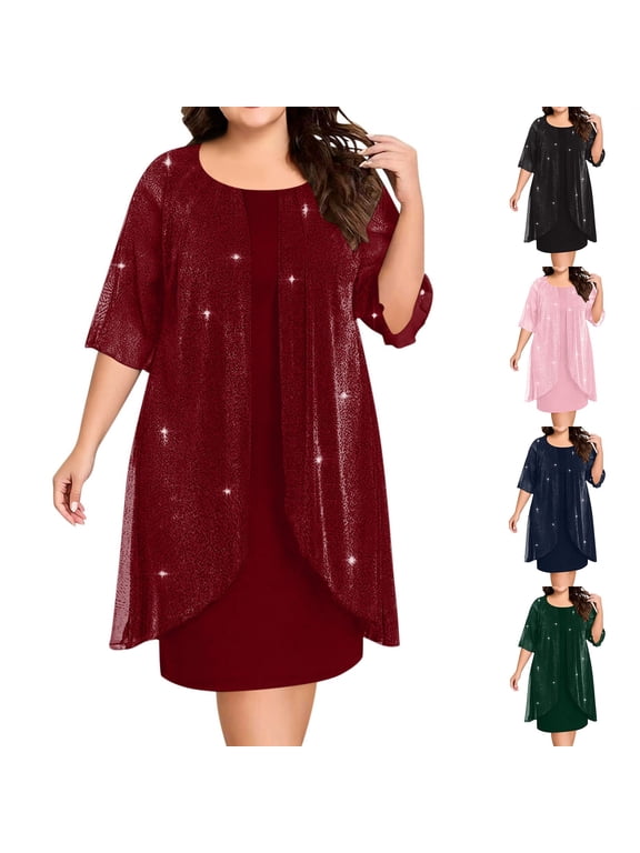 S-5XL Plus Size Womens Two Piece Set Wedding Guest Dress Round Neck Solid Color Flowy Summer Midi Dress with Sequined Chiffon Jacket, Mother of The Bride Dress