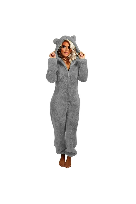 S-5XL Winter Fleece Warm Romper Onesie for Women 2024 Solid Cute Cat Ear Hooded Jumpsuit Plus Size Zip Up Pajamas