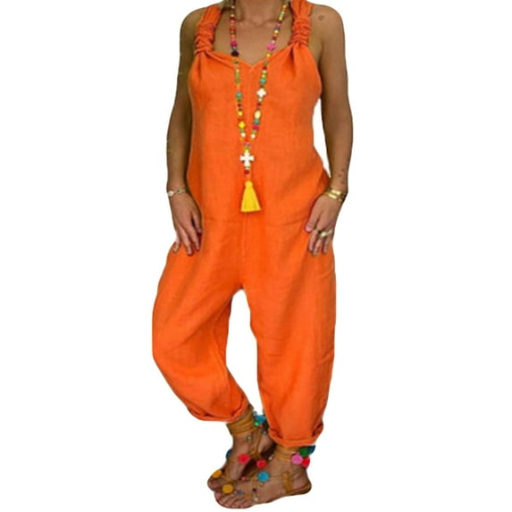 S-5XL Women Cotton Line Overalls Jumpsuit Baggy Loose Casual Sleeveless Solid V-neck Overalls Ladies Loose Bib Jumpsuit Romper