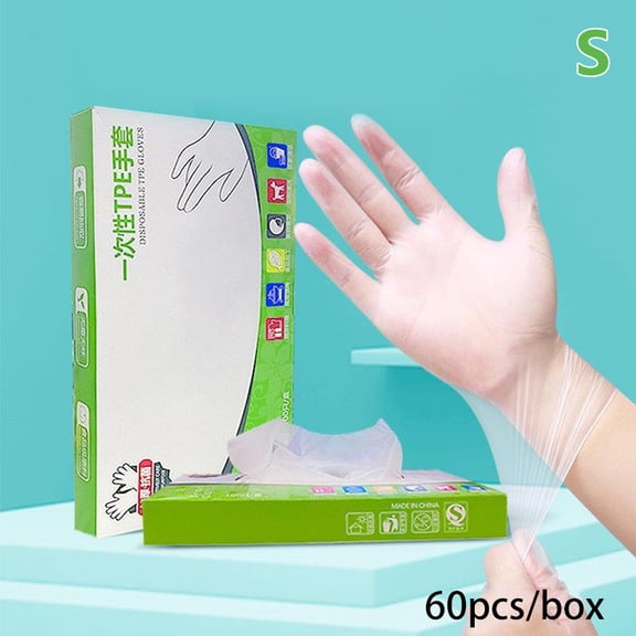 (S) 60pcs/box Latex Free Gloves TPE Disposable Gloves Transparent Non-Slip Acid Work Safety Food Grade Household Cleaning Gloves