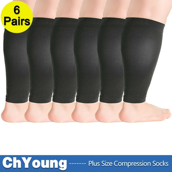 S(6Pack) Wide Calf Compression Sleeve Women Men Plus Size Leg Compression Sleeves Graduated Support for Circulation Recovery, Shin Splints Leg Pain Relief Support, Swelling, Travel, Black,ChYoung