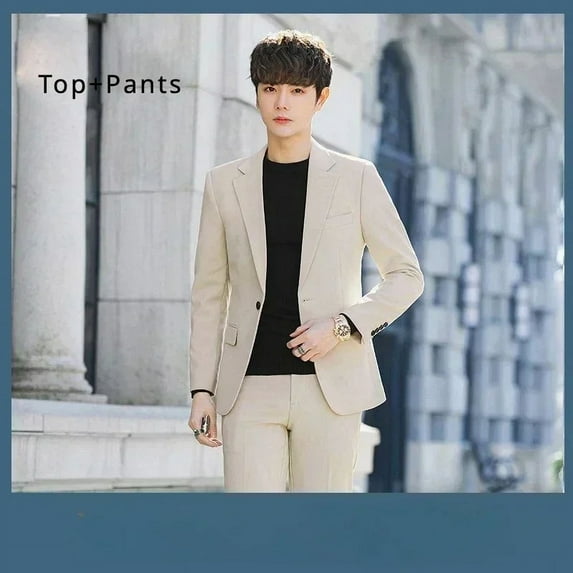 S-6XL Men's Business Casual Suit Korean Style Trendy Slim Fit 2 Piece Set Solid Color (Blazer+ Pants )Groom Wedding Dress Party (Apricot 2 Pcs,Asian L is Eur S)