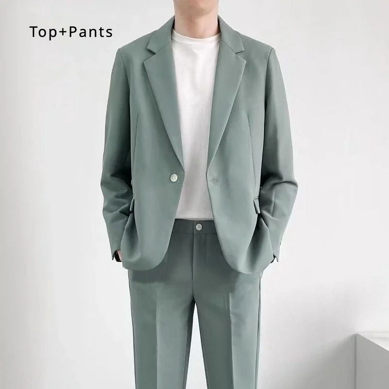 S-6XL Men's Business Casual Suit Korean Style Trendy Slim Fit 2 Piece Set  Solid Color Blazer+ Pants )Groom Wedding Dress Party (Cyan 2 Pcs,Asian L  is Eur S) - Walmart.com