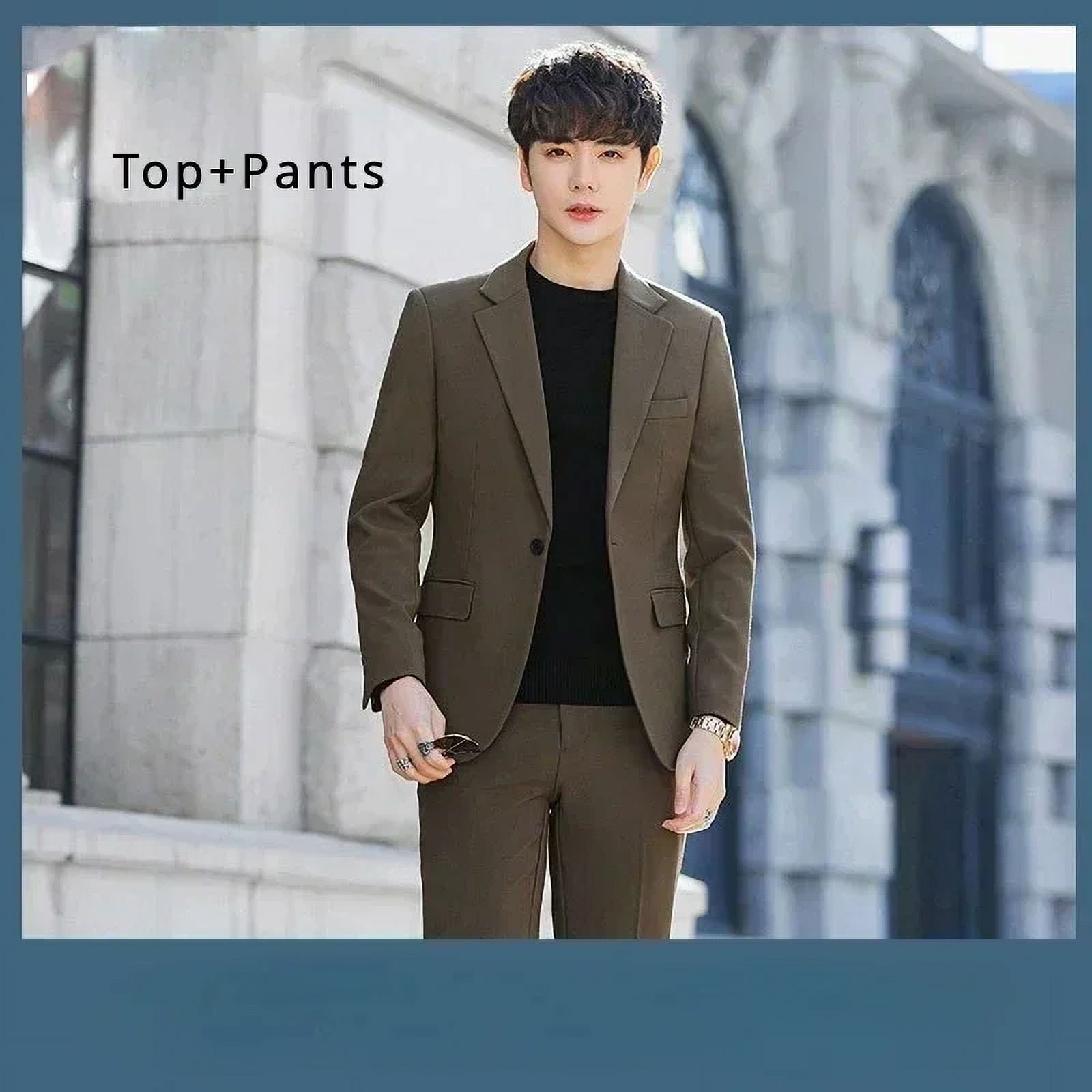 S-6XL Men's Business Casual Suit Korean Style Trendy Slim Fit 2 Piece Set  Solid Color Blazer+ Pants )Groom Wedding Dress Party (Khaki 2 Pcs,Asian  5XL is Eur 3XL) - Walmart.com