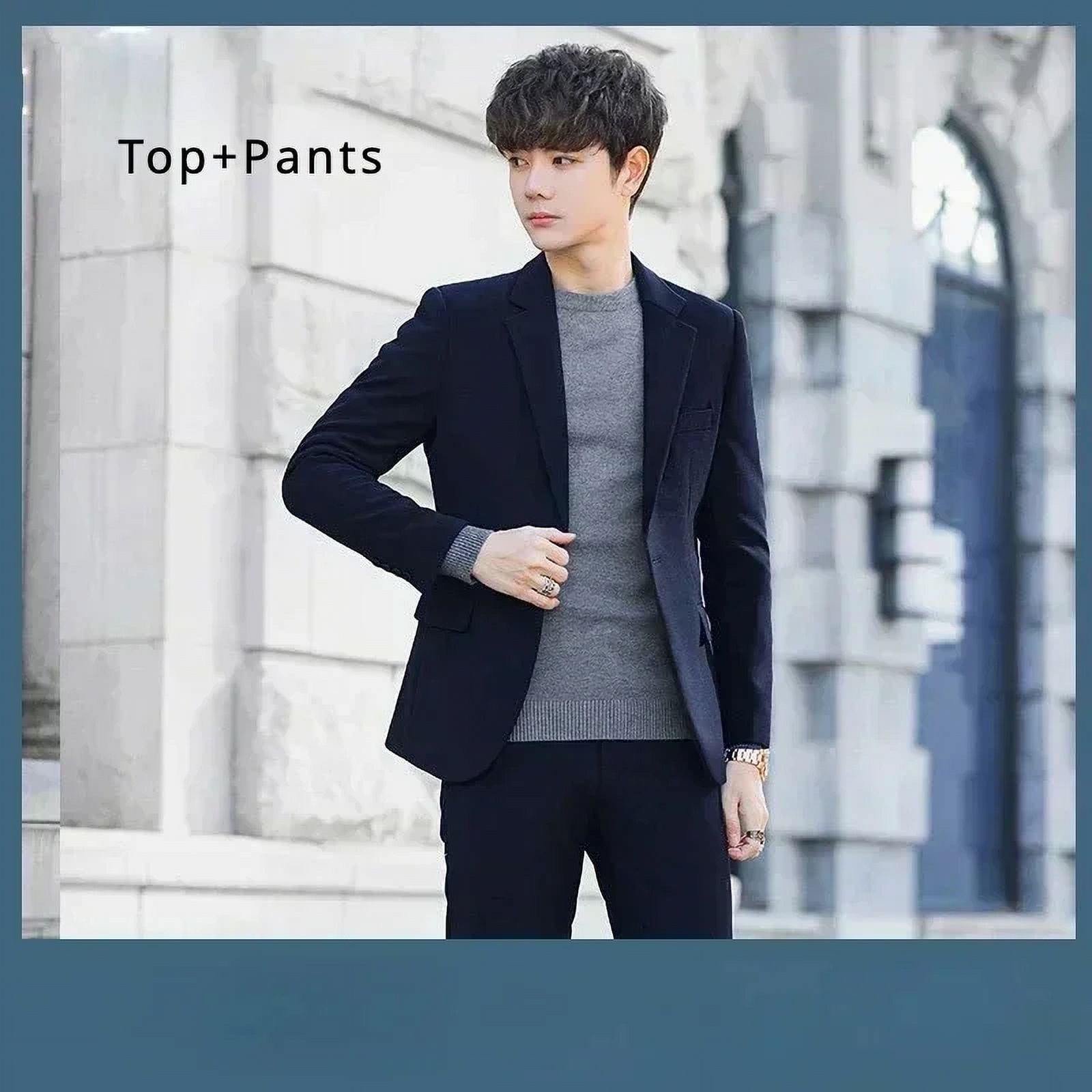 S-6XL Men's Business Casual Suit Korean Style Trendy Slim Fit 2 Piece Set  Solid Color Blazer+ Pants )Groom Wedding Dress Party (Navy blue 2  Pcs,Asian L is Eur S) - Walmart.com