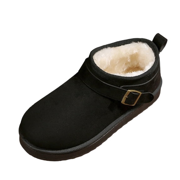 S-844 Black Womens Platform Furry Slip On Boots Belt Buckle Round Toe Casual Winter Warm Shoes