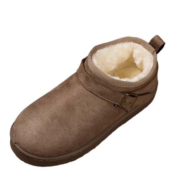 S-844 Khaki Womens Furry Snow Boots Slip On Round Toe Belt Buckle Platform Casual Winter Warm Comfortable Shoes