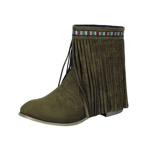 S-99 Green Ladies Casual Winter Boots Womens Round Toe Chunky Heel Tassel Decor Slouchy Sleeve Suede Comfortable Footwear