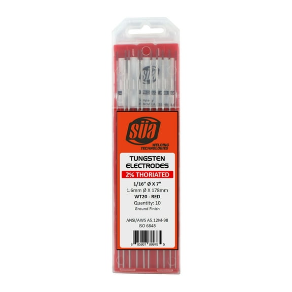 SÜA - 2% Thoriated Tungsten Electrode - TIG Welding - 1/16" x 7" - (Red Tip) - (10 PACK)