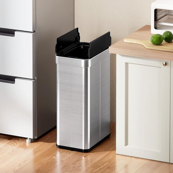 S AFSTAR 16 Gallon Kitchen Trash Can, Infrared Motion Sensor Garbage Can with Wings-Open Lid, Stainless Steel Slim Automatic Touchless Waste Bin for Bedroom, Bathroom & Office