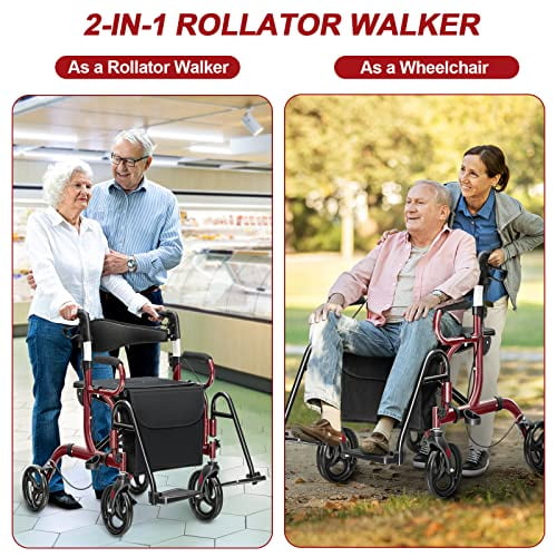 S AFSTAR 2-in-1 Rollator Walker with Seat, Folding Walking Aid with 8-inch Wheels, 6 Adjustable Height, Handle Brake, Upright Walkers for Seniors Elderly, Aluminum Frame Supports u