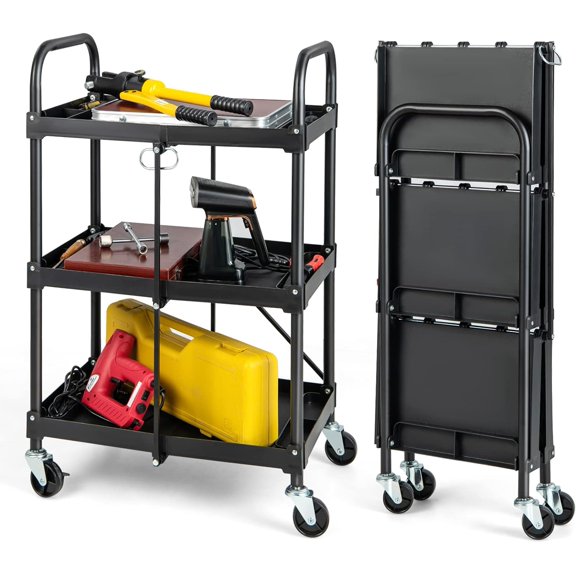 S AFSTAR 3-Tier Folding Storage Cart on Wheels - Rolling Tool Organizer with Universal Wheels & Handrails, Portable & Collapsible Service Cart for Garage, Warehouse, Home