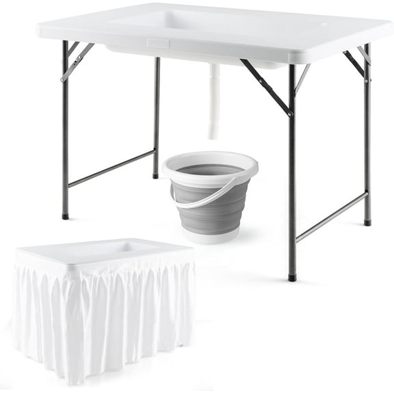 S AFSTAR 4 Foot Folding Ice Table, Buffet Salad Serving Table with Foldable Bucket, Removable Skirt, Drain System & 8" Spacious Edge, Portable Beverage Cooler for Party Camping Picnic Wedding