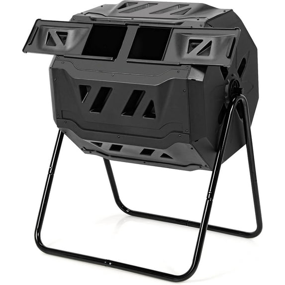 S AFSTAR 43 Gallon Outdoor Compost Bin, Dual Chamber Compost Tumbler W/2 Sliding Doors & Gloves Included, Large Capacity Composting Bins, Garden Rotating Tumbling Composter for Patio Yard Lawn(Black)