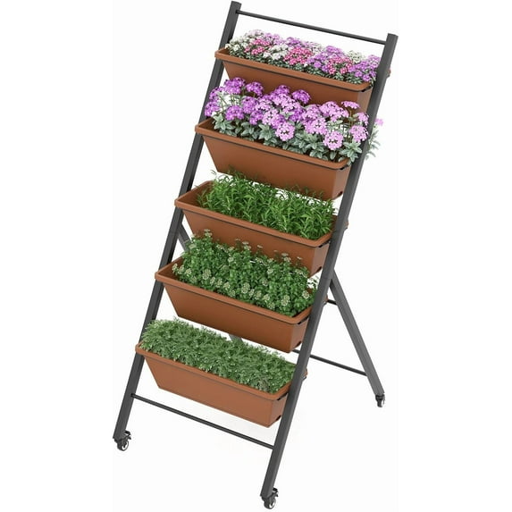 S AFSTAR 5-Tier Vertical Garden Planter, Raised Garden Bed with 2 Lockable Wheels, 5 Removable Planter Boxes, Metal Frame, Indoor Outdoor Elevated Planting Box for Flower Vegetables Fruit Herbs