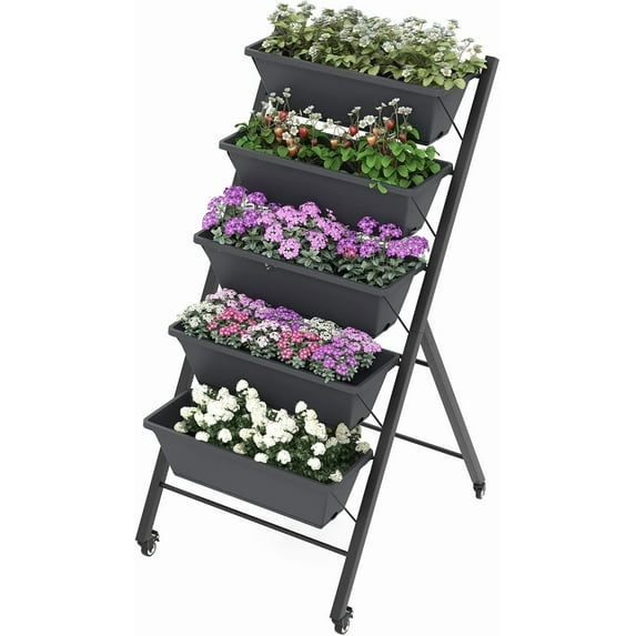 S AFSTAR 5-Tier Vertical Garden Planter, Raised Garden Bed with 2 Lockable Wheels, 7 Removable Planter Boxes, Metal Frame, Indoor Outdoor Elevated Planting Box for Flower Vegetables Fruit Herbs