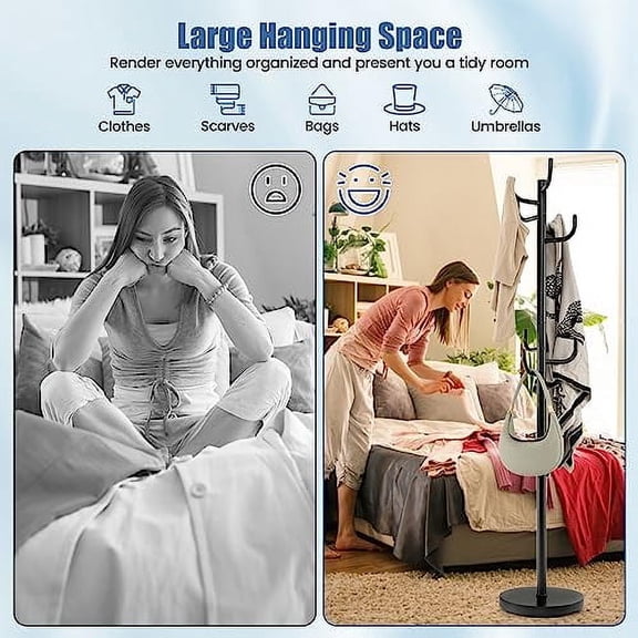 S AFSTAR 8 Hooks Coat Rack Free Standing, Entryway Metal Coat Rack Stand with 8 Sturdy Hooks & Heavy Duty Metal Base, Coat Hanger Stand, Freestanding Black Coat Tree for Jacket Clo