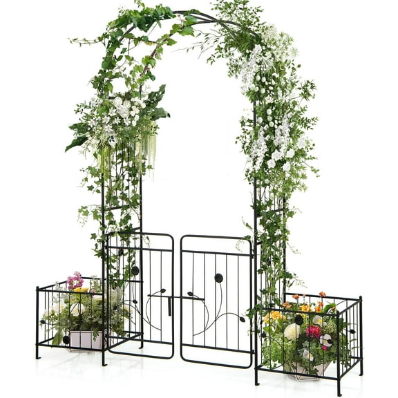 S AFSTAR 87-Inche Garden Arbor with Gate , Metal Garden Arch with Lockable Gate, Arched Top Arbour, Heavy-Duty Arched Trellis Archway for Climbing Plants Grape Vines Wedding Ceremony