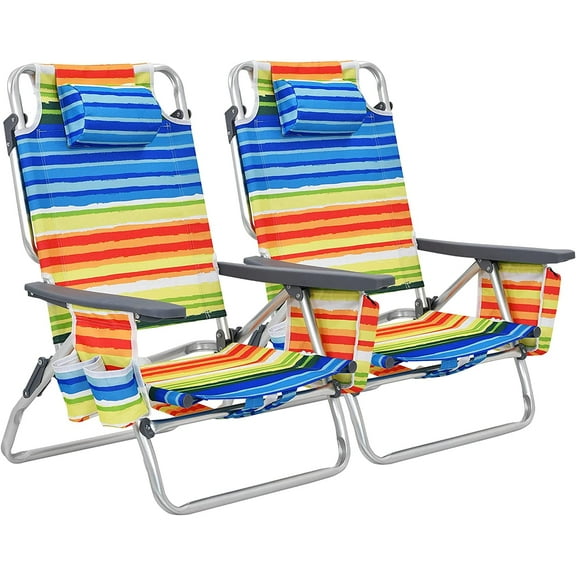 S AFSTAR Beach Chair Set of 2, Folding Camping Chairs, 5-Position Adjustable Chairs W/Ice Bag, Comfort Pillow, Cup Holder, Backpack Recline Beach Chairs for Sunbathing Fishing Travel (2, Color Strip)