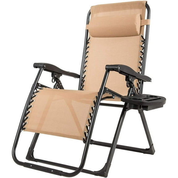 S AFSTAR Chair, Oversized Outdoor Lounge Chair with Cup Holder & Detachable Pillow, Folding Patio Recliner, Lawn Chair for Poolside Backyard Beach, Support 500 Lbs (Beige)