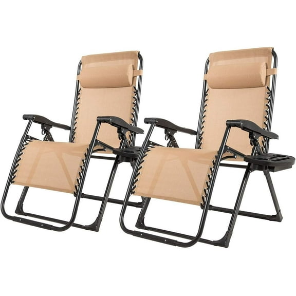 S AFSTAR  Chair Set of 2, Reclining Camping Chair with Cup Holder & Detachable Pillow, Adjustable Folding  Lounge Chair for Patio Porch Yard Beach, Support 500 Lbs (Beige)