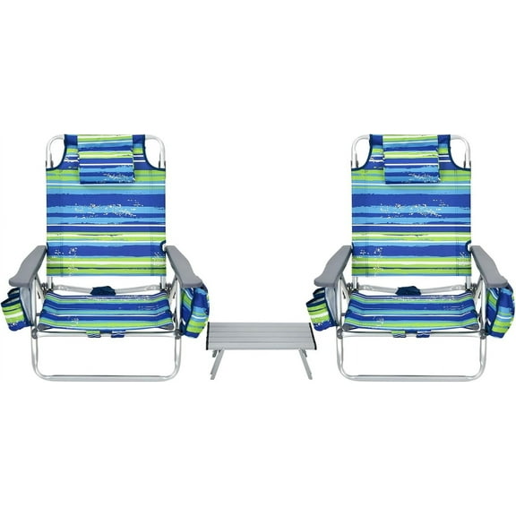S AFSTAR Folding Beach Chair Set, 2 Pack Folding Chair and Aluminum Small Table, 5-Position Adjustable Camping Chairs with Ice Bag, Comfort Pillow, 3 PCS Backpack Recline Beach Chairs (Blue+Green)