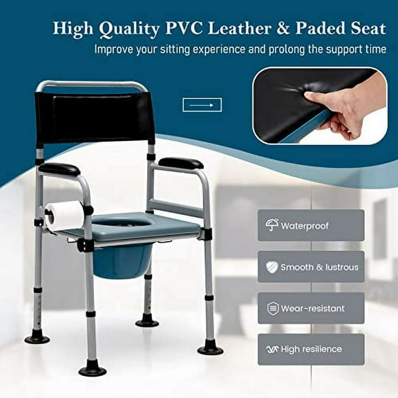 S AFSTAR Folding Commode Chair, Height Adjustable Shower Chair w/Large Commode Bucket, Padded Seat, Backrest, Towel Holder, Heavy Duty Bedside Commode for Elderly Rehabilitating People, 440 LBS