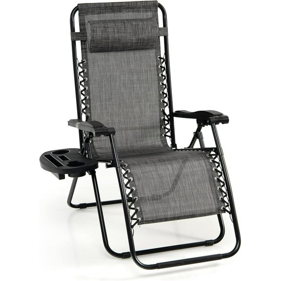 S AFSTAR Folding Reclining Lounge Chair, Outdoor Recliner W/Side Tray & Detachable Headrest Pillow, Heavy-Duty Steel Frame, Reclining Folding Chair for Poolside, Backyard (1, Gray)