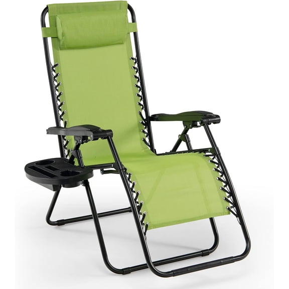 S AFSTAR Folding Reclining Lounge Chair, Outdoor Recliner W/Side Tray & Detachable Headrest Pillow, Heavy-Duty Steel Frame, Reclining Folding Chair for Poolside, Backyard (1, Green)