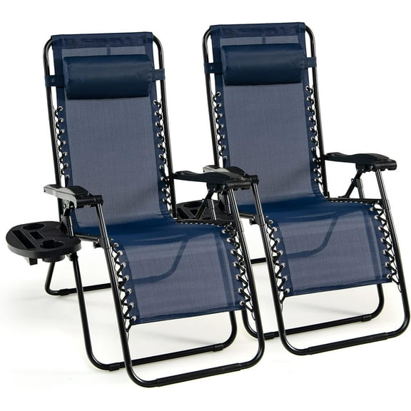S AFSTAR Folding Reclining Lounge Chair, Outdoor Recliner W/Side Tray & Detachable Headrest Pillow, Heavy-Duty Steel Frame, Reclining Folding Chair for Poolside, Backyard (2, Navy)