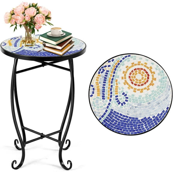 S AFSTAR Mosaic Patio Table, 21”H x 14”Dia Round  Stand Coffee Table, Mosaic Outdoor Side Table, Patio Bistro Table, Outdoor Side Tables, Mosaic  Stand for Books Coffee Potted (Navy)
