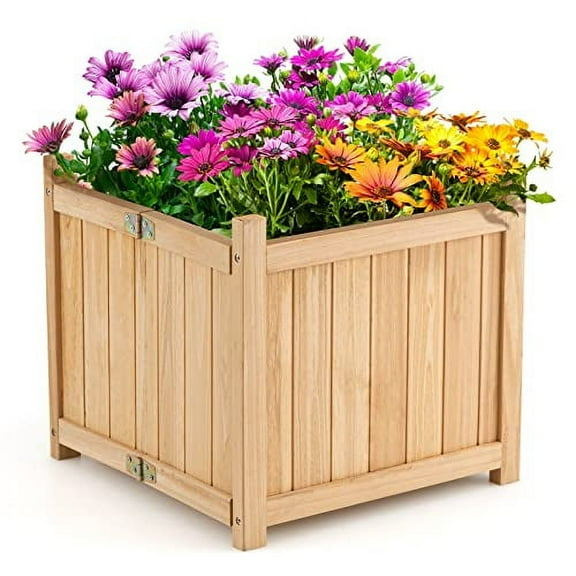 S AFSTAR Outdoor Wooden Planter Box, Folding Raised Garden Bed W/Drainage Hole, Patio Square Plant Container for Flowers, Vegetables, Fruits, Herbs, Collapsible Planting Box for Ya