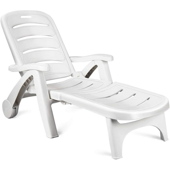 S AFSTAR Patio Chaise Lounge Chair, Folding Lounger Chair with 2 Flexible Wheels & 5 Adjustable Positions, Plastic Lounge Recliner for Outside Poolside Beach Sunbathing, Assembly-Free (1, White)