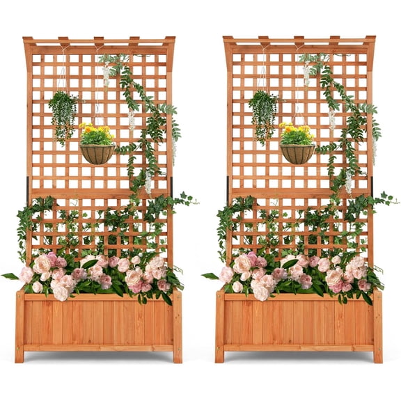 S AFSTAR Planter with Trellis Set of 2, 35.5x17.5x72.5 inch Wood Planter Box with Lattice Trellis & Hanging Roof, Removable Base, Plant Box for Climbing Plant Flower Rose Grape Cucumber
