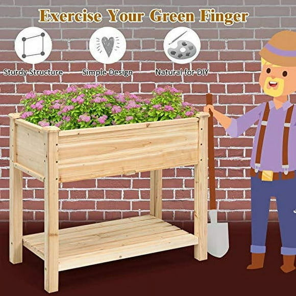 S AFSTAR Raised Garden Bed with Storage Shelf, Elevated Cedar Wood Planter Box with Legs, Outdoor Gardening Planting Bed for Vegetables Flower Herb Grow, Great for Backyard Patio L
