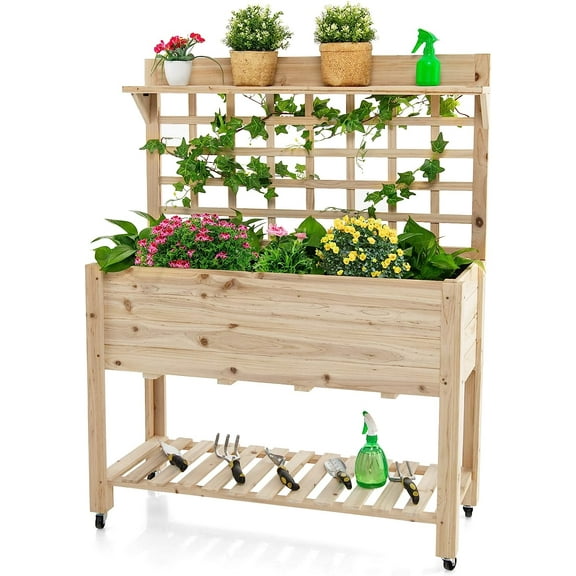 S AFSTAR Raised Garden Bed with Trellis, 41.5x16x54in Mobile Elevated Planter Box with Wheels, Bed Liner, Top/Bottom Storage Shelves, Freestanding Wood Planter Stand for Garden Patio Balcony
