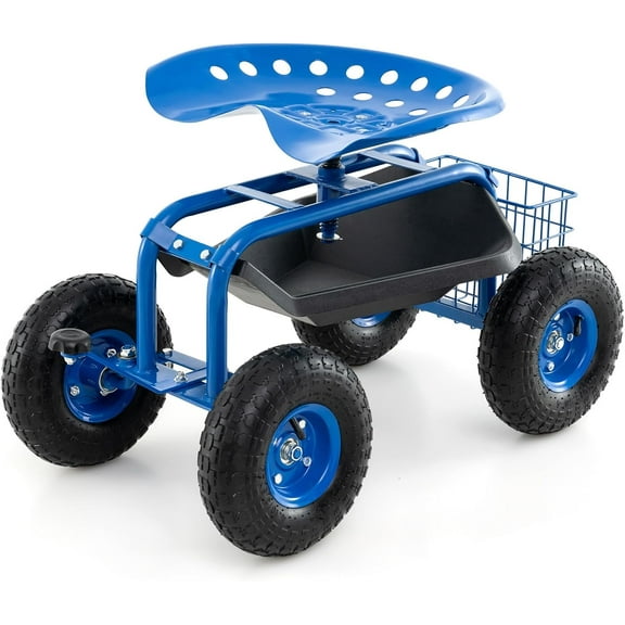 S AFSTAR Rolling Garden Cart, Wagon Scooter with 360° Swivel Seat, Storage Tray, Basket & Rubber Wheels, Heavy-Duty Gardening Tool Cart for Weeding, Patio & Yard (Blue)