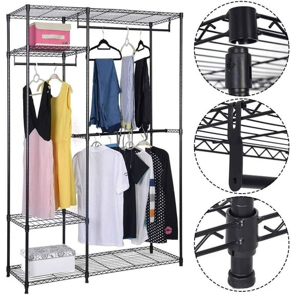 S AFSTAR Safstar Clothing Garment Rack Heavy Duty Wire Shelving Closet Clothes Stand Rack Double Rod Wardrobe Metal Storage Rack Freestanding Cloth Armoire Organizer (1 Pack)