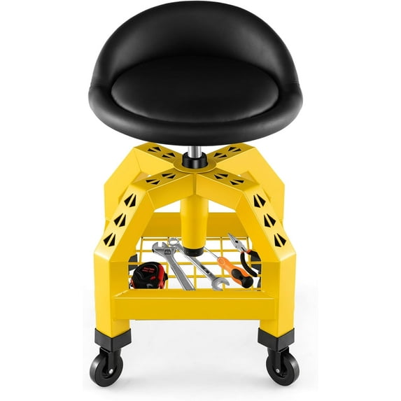 S AFSTAR Shop Stool with Wheels,Height Adjustable Garage Stool with 4 Universal Wheels & Tool Tray, 330 LBS Capacity, Heavy Duty Chair Seat Rolling Mechanic Stool for Garage Workshop (Yellow)