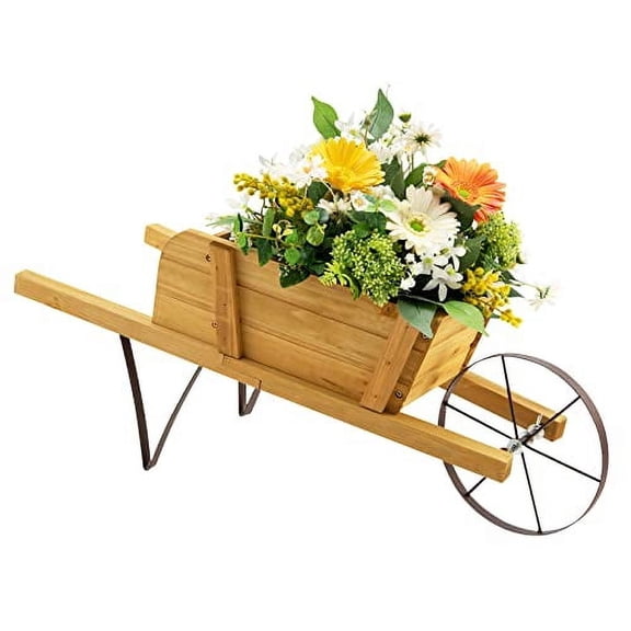 Wood Wheelbarrow Planter, Flower Plant Pot Cart w/Metal Wheel & 9 Replaceable Magnet Accessories, Wooden Wagon Planter Decor for Outdoor Garden Backyard (Natural)