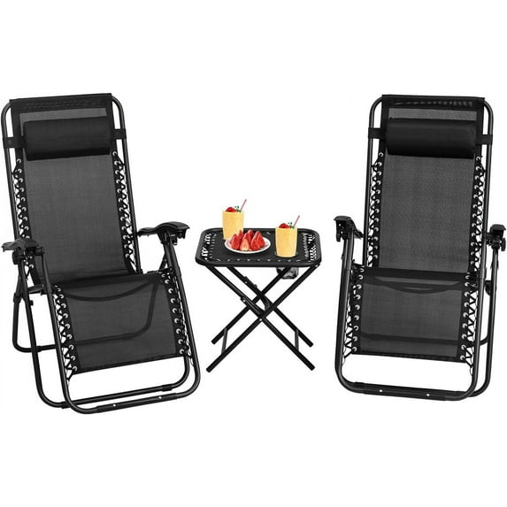 S AFSTAR Zero Gravity Chairs Set of 2, 3 PCS Folding Lawn Chair Set With Side Table Cup Holders & Adjustable Headrest, Reclining Patio Chairs, Lounger for Patio Poolside