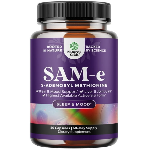 S-Adenosyl Methionine Sam-E 200mg per Serving Mood Support Capsules - Natural Relaxing Brain Support and Liver Detox Cleanse