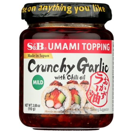 S&B Crunchy Garlic Umami Topping with Chili Oil, 3.88 oz, Contains Sesame, Soybean, Wheat, and Almond.