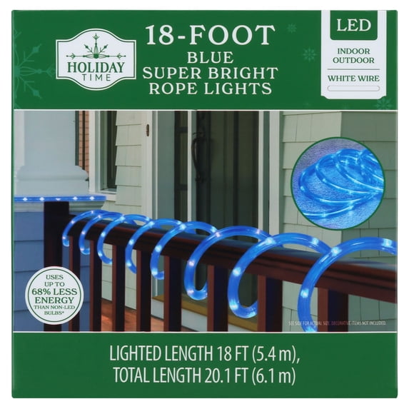 Indoor/Outdoor LED Super Bright Christmas Rope Lights, Blue, White Wire, 18', by Holiday Time
