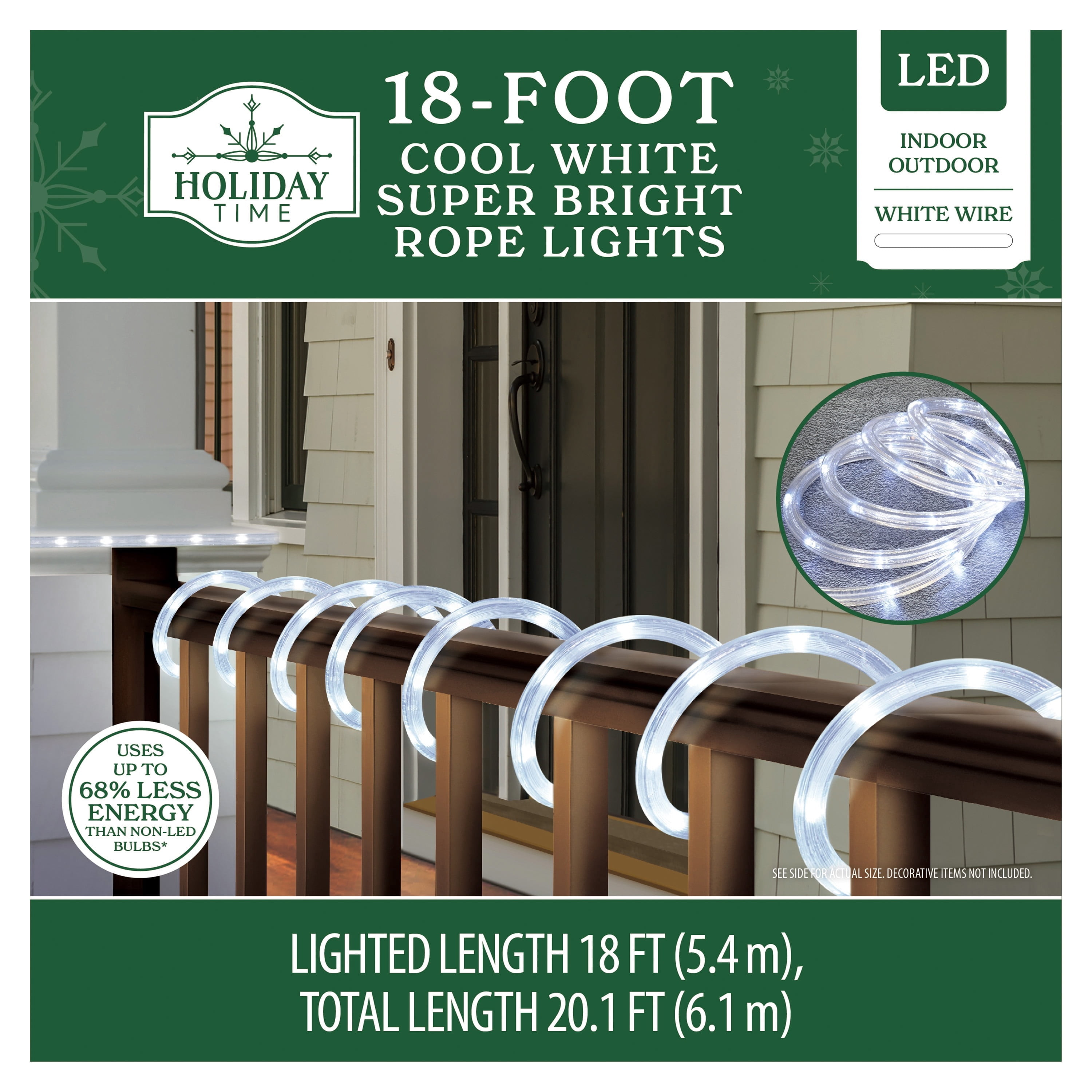 Indoor/Outdoor LED Super Bright Christmas Rope Lights, Cool White, White Wire, 18', by Holiday Time