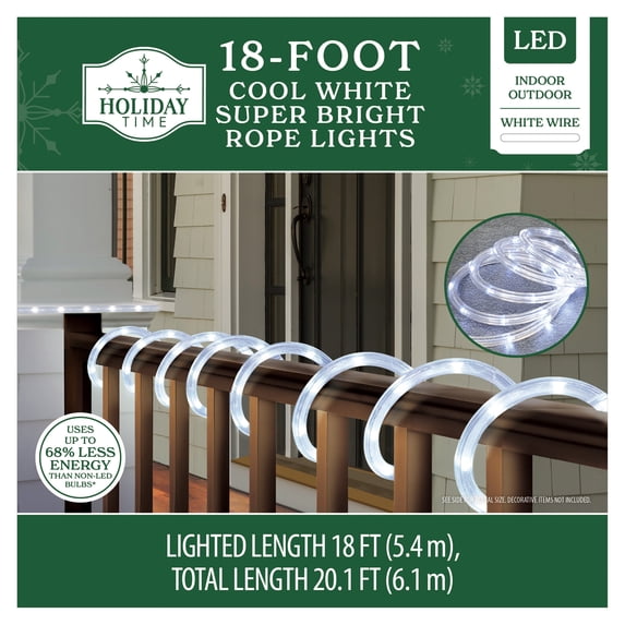 Indoor/Outdoor LED Super Bright Christmas Rope Lights, Cool White, White Wire, 18', by Holiday Time