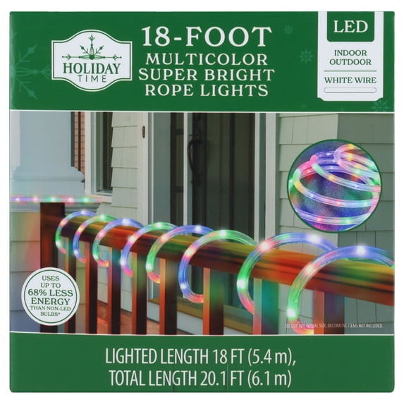 Indoor/Outdoor LED Super Bright Christmas Rope Lights, Multicolor, White Wire, 18', by Holiday Time