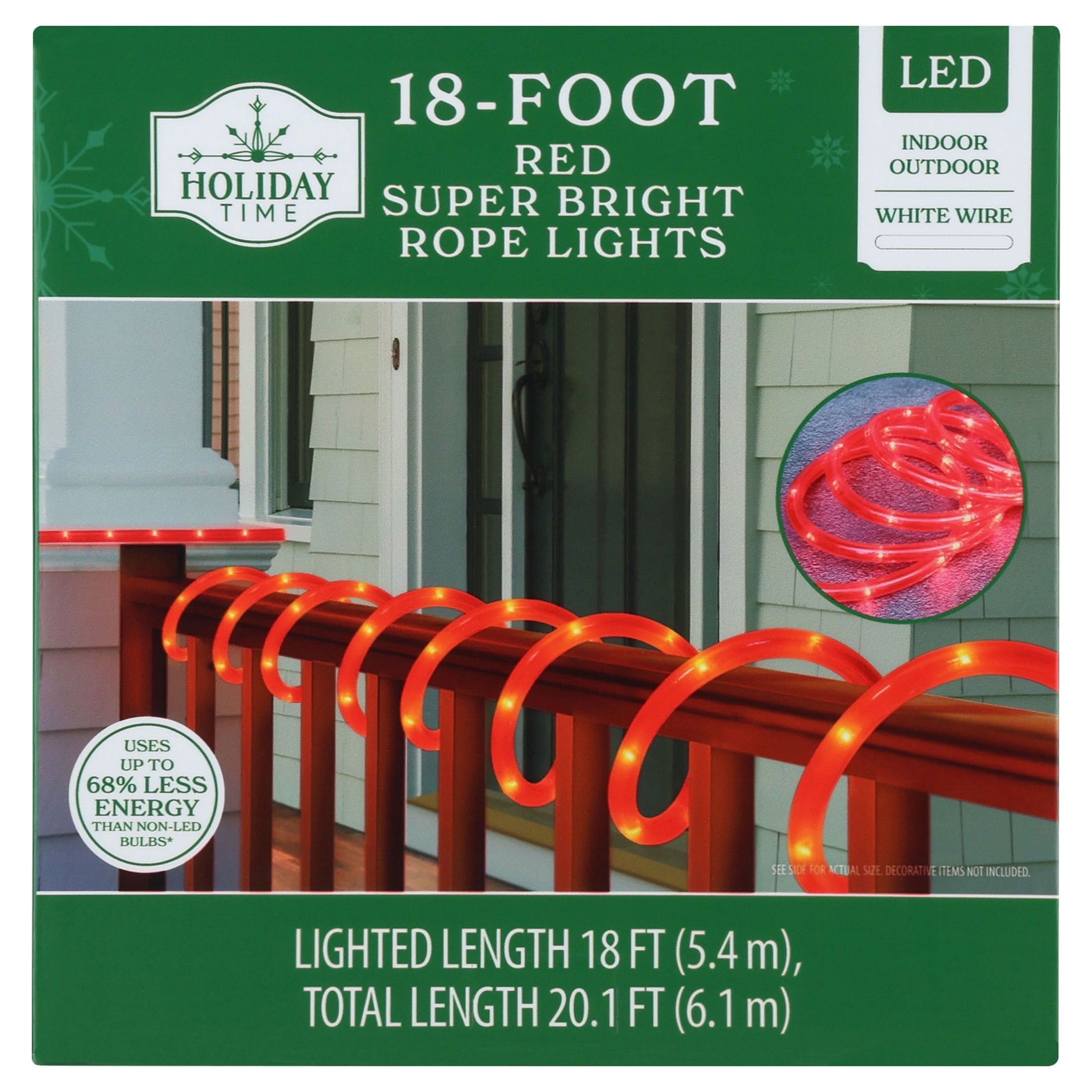 Indoor/Outdoor LED Super Bright Christmas Rope Lights, Red, White Wire, 18', by Holiday Time