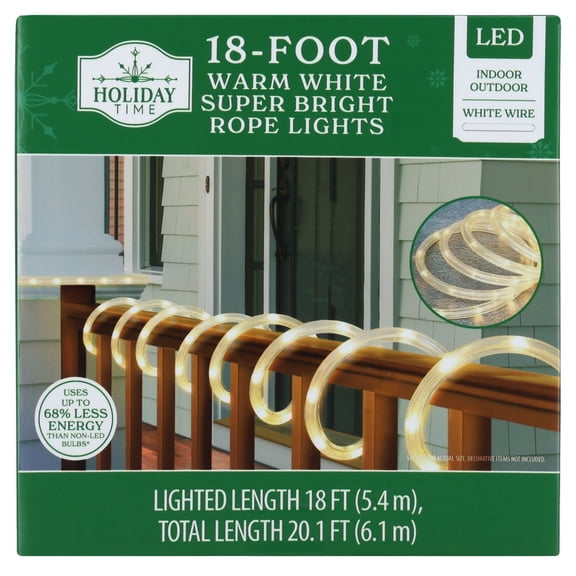 Indoor/Outdoor LED Super Bright Christmas Rope Lights, Warm White, White Wire, 18', by Holiday Time